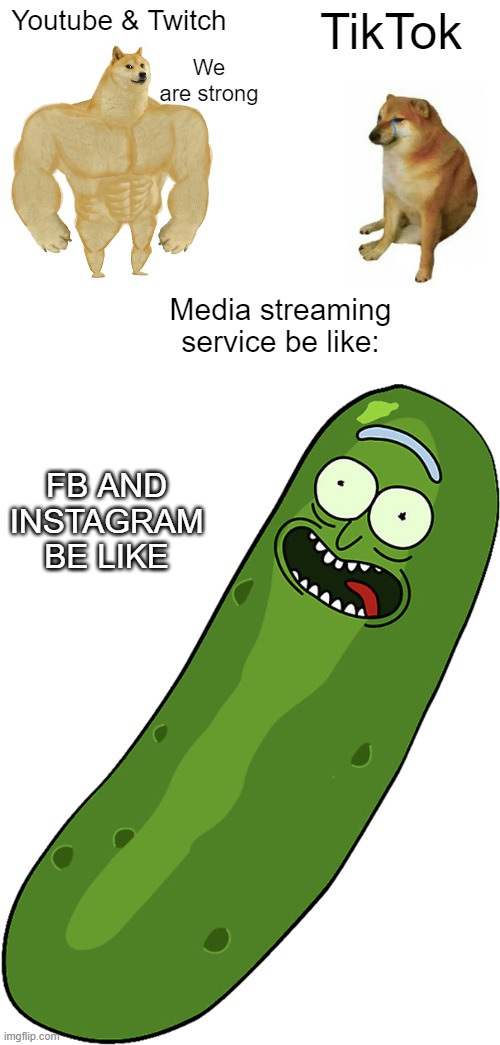 Media be like | Youtube & Twitch; TikTok; We are strong; Media streaming service be like:; FB AND INSTAGRAM BE LIKE | image tagged in media be like | made w/ Imgflip meme maker