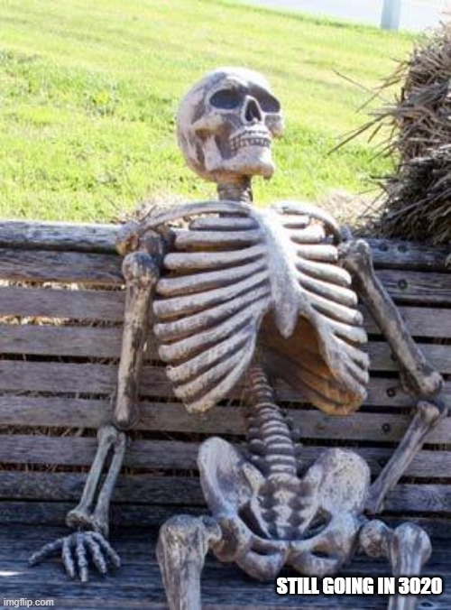 STILL GOING IN 3020 | image tagged in memes,waiting skeleton | made w/ Imgflip meme maker