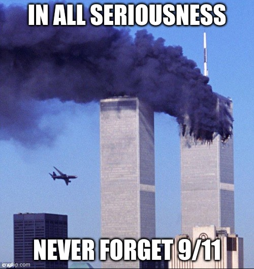 9/11 | IN ALL SERIOUSNESS; NEVER FORGET 9/11 | image tagged in 9/11 | made w/ Imgflip meme maker