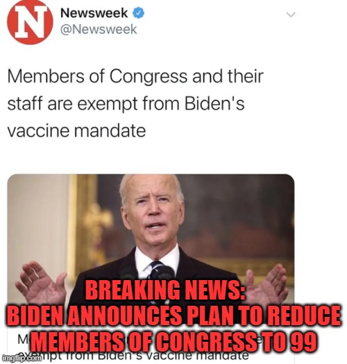 Hypocrites are those who apply to others the standards that they refuse to accept for themselves - Noam Chomsky | BREAKING NEWS:     BIDEN ANNOUNCES PLAN TO REDUCE MEMBERS OF CONGRESS TO 99 | image tagged in biden,covid,congress | made w/ Imgflip meme maker