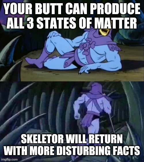 It is true | YOUR BUTT CAN PRODUCE ALL 3 STATES OF MATTER; SKELETOR WILL RETURN WITH MORE DISTURBING FACTS | image tagged in skeletor disturbing facts | made w/ Imgflip meme maker