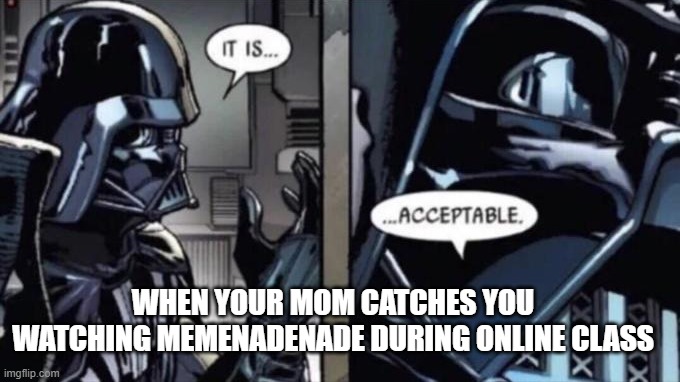 Meme | WHEN YOUR MOM CATCHES YOU WATCHING MEMENADENADE DURING ONLINE CLASS | image tagged in it is acceptable | made w/ Imgflip meme maker