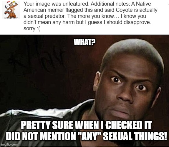 Granted, The story of Coyote is different in different versions, The one you're thinking of is probably from Navajo) | WHAT? PRETTY SURE WHEN I CHECKED IT DID NOT MENTION "ANY" SEXUAL THINGS! | image tagged in memes,kevin hart | made w/ Imgflip meme maker