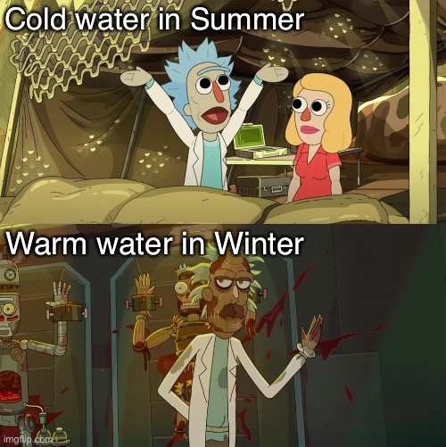 Decoy rick | Cold water in Summer; Warm water in Winter | image tagged in decoy rick | made w/ Imgflip meme maker