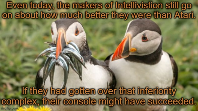 Console envy. | Even today, the makers of Intellivistion still go
on about how much better they were than Atari. If they had gotten over that inferiority complex, their console might have succeeded. | image tagged in envy puffin,video games,popularity,sour,grapes | made w/ Imgflip meme maker