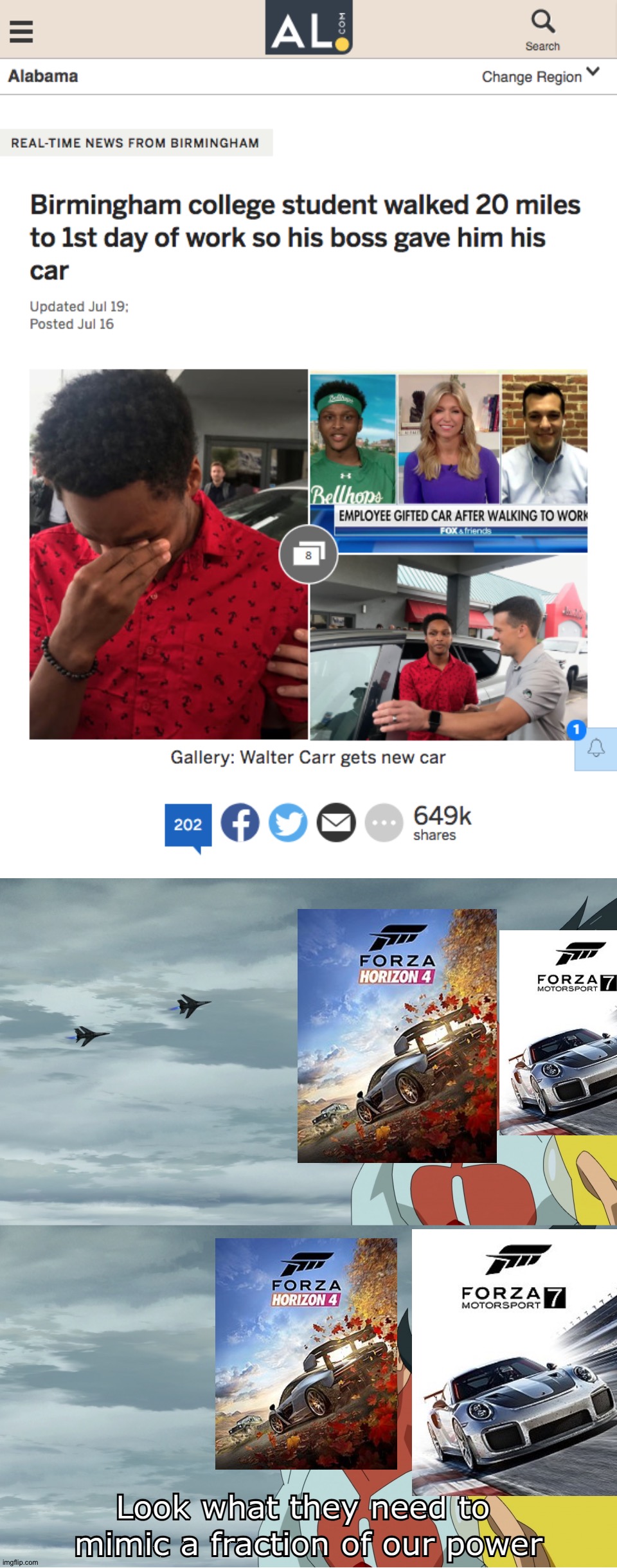 In case if you didn't get the joke Forza allows you to share your cars so the joke was that the boss mimicked forza when sharing | image tagged in look what they need to mimic a fraction of our power,memes,funny,gaming,racing games,wholesome | made w/ Imgflip meme maker