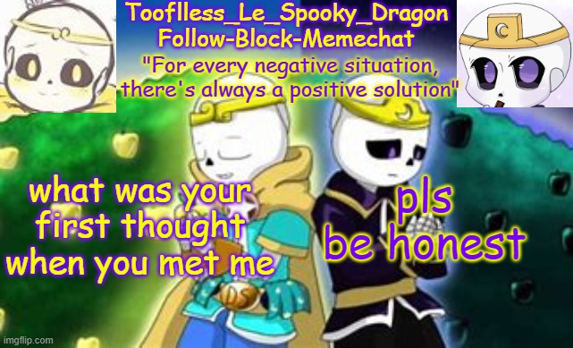 I REALLY like this temp | what was your first thought when you met me; pls be honest | image tagged in tooflless's dreamtale temp | made w/ Imgflip meme maker