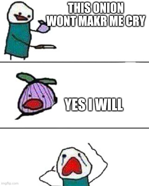 Meme that isn't even funny | THIS ONION WONT MAKR ME CRY; YES I WILL | image tagged in this onion won't make me cry | made w/ Imgflip meme maker