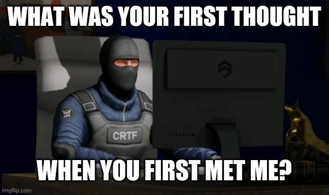 counter-terrorist looking at the computer | WHAT WAS YOUR FIRST THOUGHT; WHEN YOU FIRST MET ME? | image tagged in computer | made w/ Imgflip meme maker