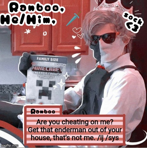 Ranboo | Are you cheating on me? Get that enderman out of your house, that's not me. /ij /sys | image tagged in ranboo | made w/ Imgflip meme maker