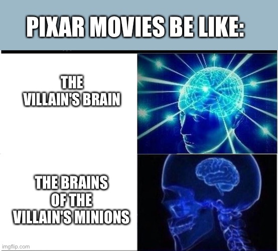 PIXAR MOVIES BE LIKE:; THE VILLAIN'S BRAIN; THE BRAINS OF THE VILLAIN'S MINIONS | image tagged in memes,expanding brain | made w/ Imgflip meme maker