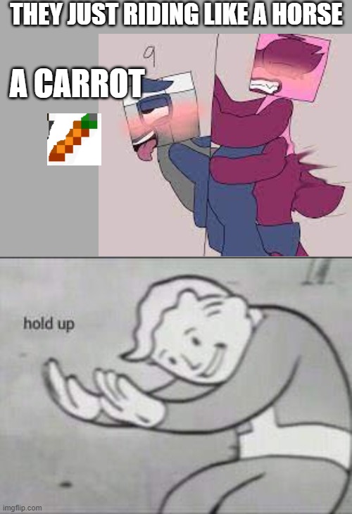 hol up | THEY JUST RIDING LIKE A HORSE; A CARROT | image tagged in fallout hold up,numberblocks,minecraft | made w/ Imgflip meme maker