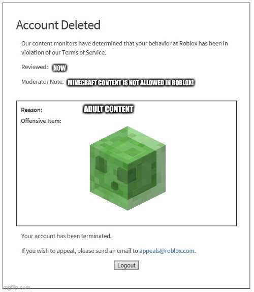 Why roblox why | NOW; MINECRAFT CONTENT IS NOT ALLOWED IN ROBLOX! ADULT CONTENT | image tagged in banned from roblox | made w/ Imgflip meme maker