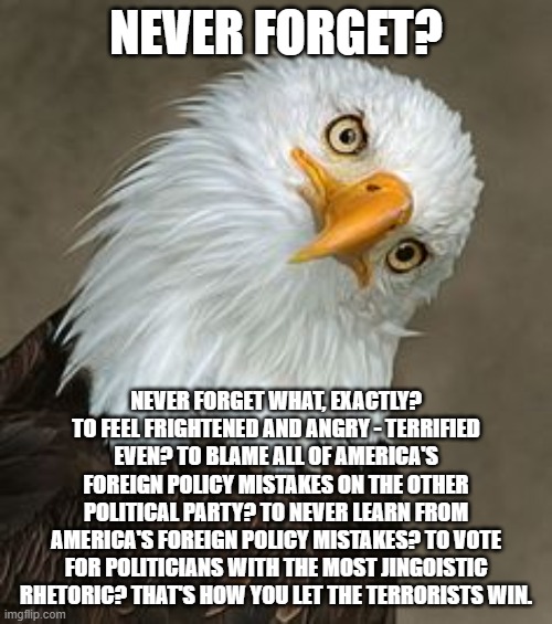 How About Remembering To Use Your Brain? | NEVER FORGET? NEVER FORGET WHAT, EXACTLY? TO FEEL FRIGHTENED AND ANGRY - TERRIFIED EVEN? TO BLAME ALL OF AMERICA'S FOREIGN POLICY MISTAKES ON THE OTHER POLITICAL PARTY? TO NEVER LEARN FROM AMERICA'S FOREIGN POLICY MISTAKES? TO VOTE FOR POLITICIANS WITH THE MOST JINGOISTIC RHETORIC? THAT'S HOW YOU LET THE TERRORISTS WIN. | image tagged in bald eagle tilt,9/11,never forget,terrorism,fear,anger | made w/ Imgflip meme maker