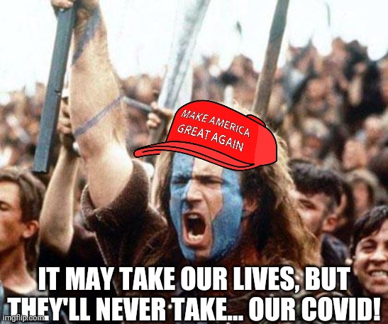 braveheart freedom | IT MAY TAKE OUR LIVES, BUT THEY'LL NEVER TAKE... OUR COVID! | image tagged in braveheart freedom | made w/ Imgflip meme maker