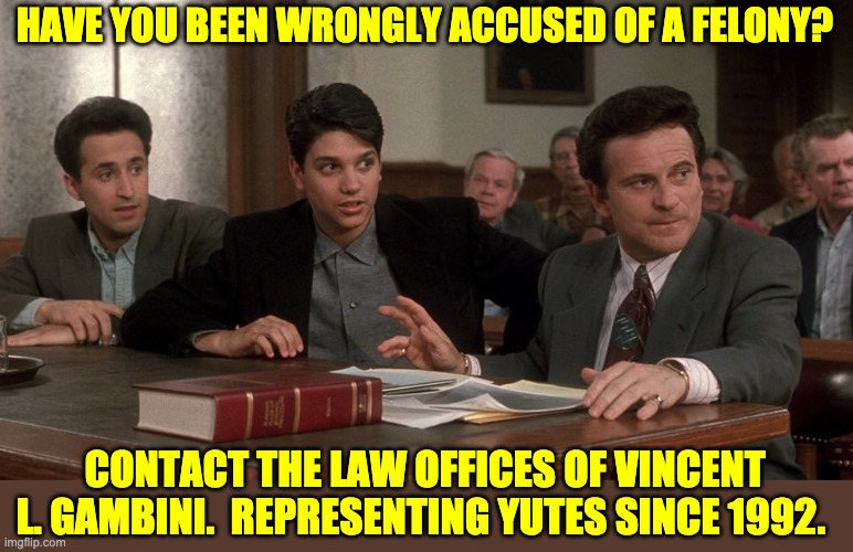 Vinny | HAVE YOU BEEN WRONGLY ACCUSED OF A FELONY? CONTACT THE LAW OFFICES OF VINCENT L. GAMBINI.  REPRESENTING YUTES SINCE 1992. | image tagged in lawyer | made w/ Imgflip meme maker