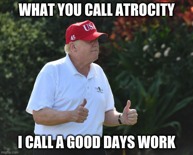 when you compare usa and canada foreign policy, we live next to a bad country | WHAT YOU CALL ATROCITY; I CALL A GOOD DAYS WORK | image tagged in bs rumpt | made w/ Imgflip meme maker