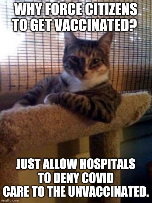 Covid sense | WHY FORCE CITIZENS TO GET VACCINATED? JUST ALLOW HOSPITALS TO DENY COVID CARE TO THE UNVACCINATED. | image tagged in covid,covidiots,covid vaccine,trump supporter,conservative,republican | made w/ Imgflip meme maker