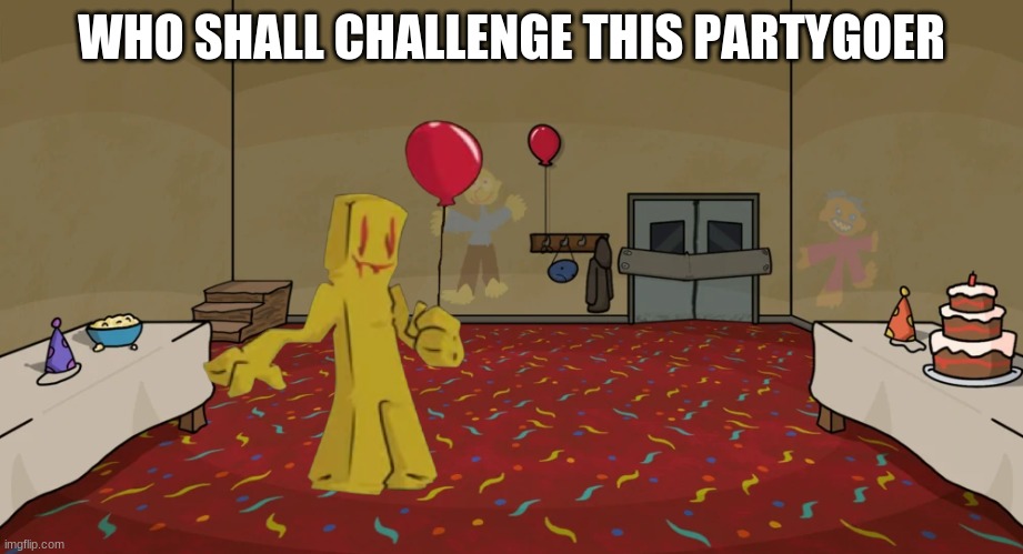 FNF Partygoer background | WHO SHALL CHALLENGE THIS PARTYGOER | image tagged in fnf partygoer background | made w/ Imgflip meme maker