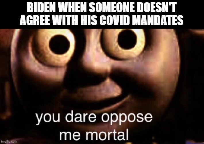 He can't force everything | BIDEN WHEN SOMEONE DOESN'T AGREE WITH HIS COVID MANDATES | image tagged in you dare oppose me mortal,biden | made w/ Imgflip meme maker