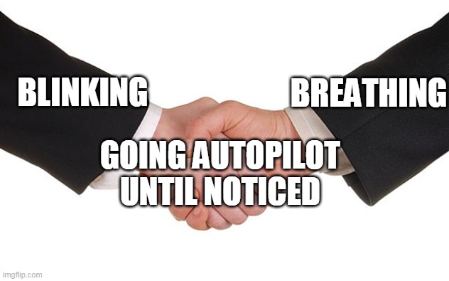 Breathing is more common to go manual than blinking. Thanks for letting me ruin your day | BLINKING; BREATHING; GOING AUTOPILOT UNTIL NOTICED | image tagged in business handshake | made w/ Imgflip meme maker