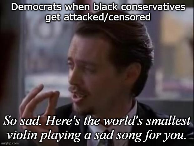 Like Dems really care about black people. Freaking hypocrites. | Democrats when black conservatives
get attacked/censored; So sad. Here's the world's smallest
violin playing a sad song for you. | image tagged in the world's smallest violin | made w/ Imgflip meme maker