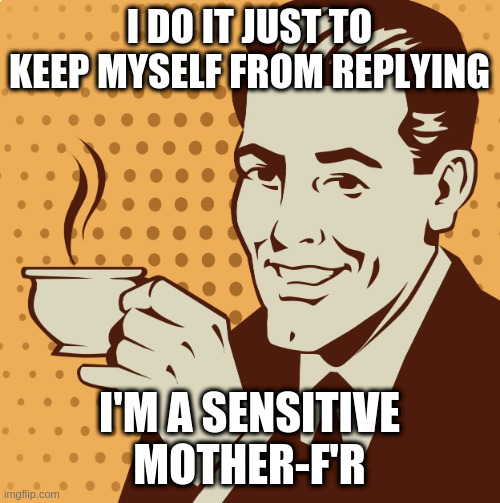 Mug approval | I DO IT JUST TO KEEP MYSELF FROM REPLYING; I'M A SENSITIVE MOTHER-F'R | image tagged in mug approval | made w/ Imgflip meme maker