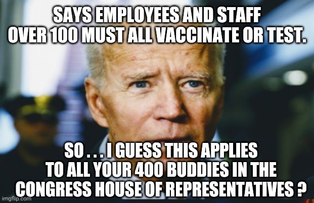 Hypocrites | SAYS EMPLOYEES AND STAFF OVER 100 MUST ALL VACCINATE OR TEST. SO . . . I GUESS THIS APPLIES TO ALL YOUR 400 BUDDIES IN THE CONGRESS HOUSE OF REPRESENTATIVES ? | image tagged in biden,congress,liberals,democrats,covid-19,vaccine | made w/ Imgflip meme maker