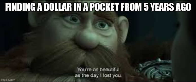 dollars are beautiful | FINDING A DOLLAR IN A POCKET FROM 5 YEARS AGO | image tagged in you're as beautiful as the day i lost you,money,relatable | made w/ Imgflip meme maker