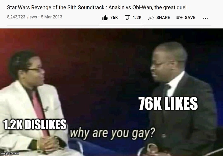 You can not hate star wars music. It's good to listen to. | 76K LIKES; 1.2K DISLIKES | image tagged in why are you gay,star wars,memes,music | made w/ Imgflip meme maker