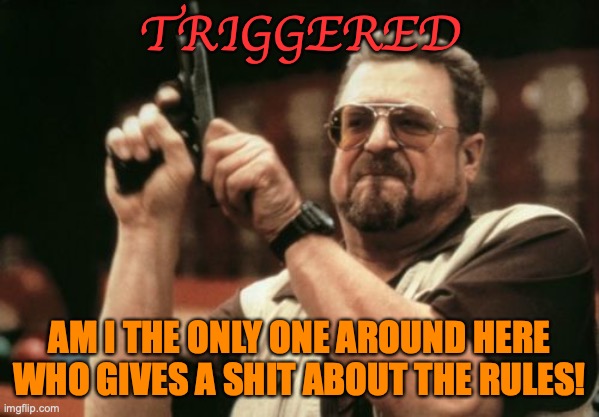 Am I The Only One Around Here Meme |  TRIGGERED; AM I THE ONLY ONE AROUND HERE WHO GIVES A SHIT ABOUT THE RULES! | image tagged in memes,am i the only one around here | made w/ Imgflip meme maker