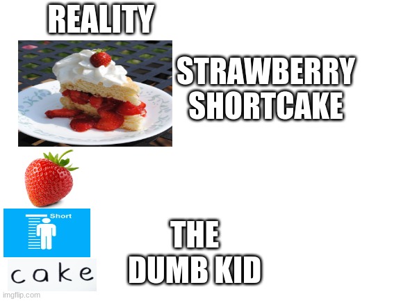 Strawberry Shortcake. Literally | REALITY; STRAWBERRY SHORTCAKE; THE DUMB KID | image tagged in blank white template | made w/ Imgflip meme maker