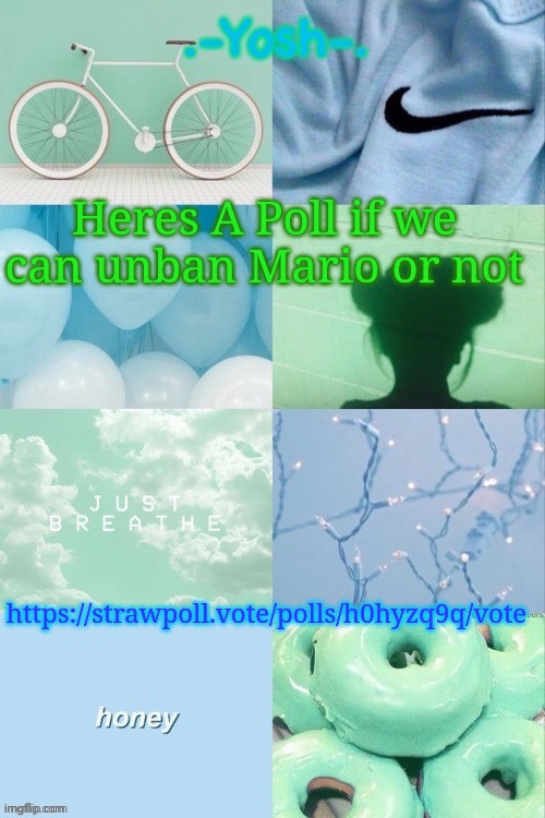 Some Cool Green and Blue Temp | Heres A Poll if we can unban Mario or not; https://strawpoll.vote/polls/h0hyzq9q/vote | image tagged in some cool green and blue temp | made w/ Imgflip meme maker