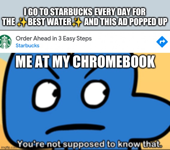 the best water | I GO TO STARBUCKS EVERY DAY FOR THE ✨BEST WATER✨ AND THIS AD POPPED UP; ME AT MY CHROMEBOOK | image tagged in you're not supposed to know that | made w/ Imgflip meme maker