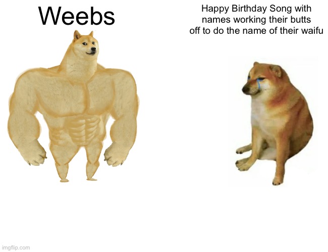 I like anime but | Weebs; Happy Birthday Song with names working their butts off to do the name of their waifu | image tagged in memes,buff doge vs cheems,weebs,waifu | made w/ Imgflip meme maker