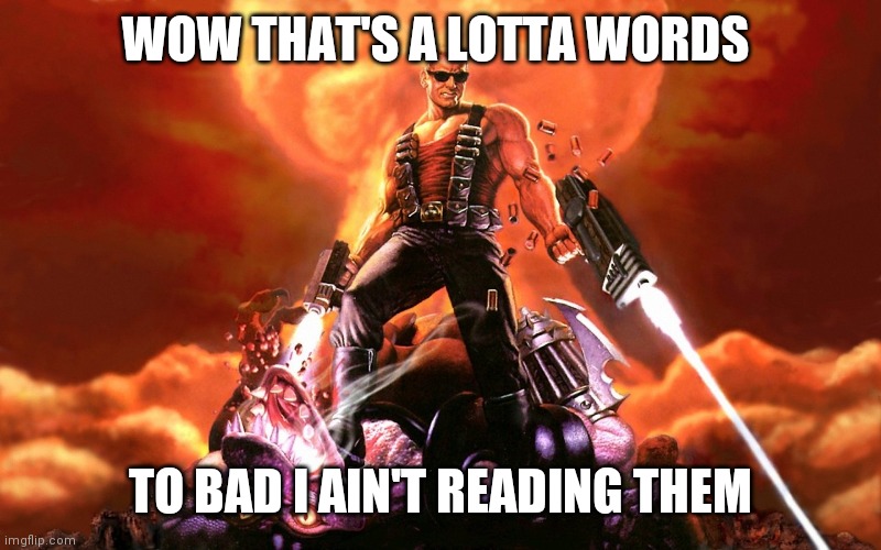 Duke Nukem | WOW THAT'S A LOTTA WORDS TO BAD I AIN'T READING THEM | image tagged in duke nukem | made w/ Imgflip meme maker