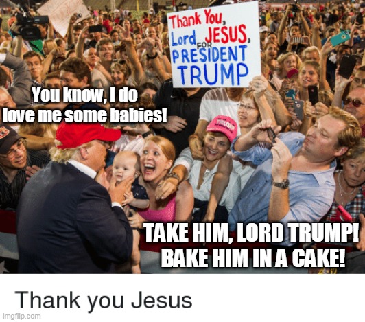 Feeding Trump's Ego II | You know, I do love me some babies! TAKE HIM, LORD TRUMP! 
BAKE HIM IN A CAKE! | image tagged in take my baby lord trump,maga,baby,donald trump approves | made w/ Imgflip meme maker
