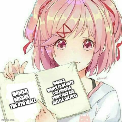oh | MONIKA WANTS TO BE WITH YOU FOREVER THATS WHY SHE DELETES THE FILES; MONIKA BREAKS THE 4TH WALL | image tagged in natsuki's book of truth | made w/ Imgflip meme maker