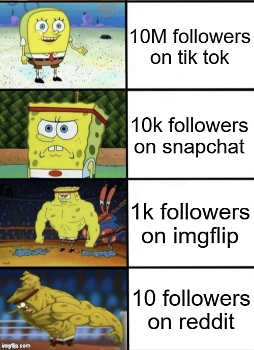 followers in a nutshell | 10M followers on tik tok; 10k followers on snapchat; 1k followers on imgflip; 10 followers on reddit | image tagged in spongebob strength,front page | made w/ Imgflip meme maker