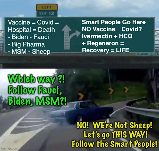 Follow The Money -or- Follow Your Own Best Interests | Smart People Go Here
NO Vaccine.   Covid?
Ivermectin + HCQ 
+ Regeneron =
Recovery = LIFE; Vaccine = Covid =
Hospital = Death
- Biden - Fauci
- Big Pharma 
- MSM - Sheep; Which way ?!
Follow Fauci, 
Biden, MSM?! NO!  WE’re Not Sheep!
 Let’s go THIS WAY!
Follow the Smart People! | image tagged in memes,left exit 12 off ramp,power money control,plan demic,some elites are getting stupid rich,we are dying | made w/ Imgflip meme maker
