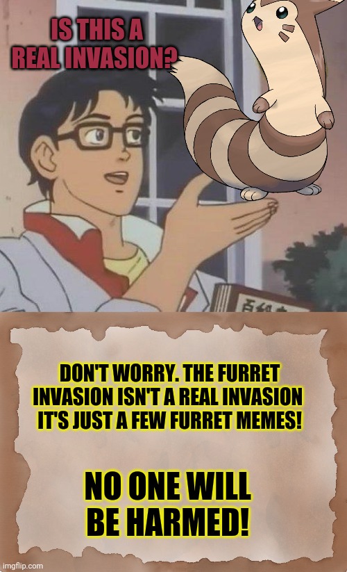 IS THIS A REAL INVASION? DON'T WORRY. THE FURRET INVASION ISN'T A REAL INVASION 
IT'S JUST A FEW FURRET MEMES! NO ONE WILL BE HARMED! | image tagged in memes,is this a pigeon,map on table blank | made w/ Imgflip meme maker