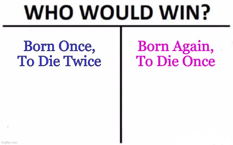 Up to You — If you don’t know what it means, FIND OUT | Born Once,
To Die Twice; Born Again,
To Die Once | image tagged in memes,who would win,people dont want to die,why die twice,find out what that means | made w/ Imgflip meme maker