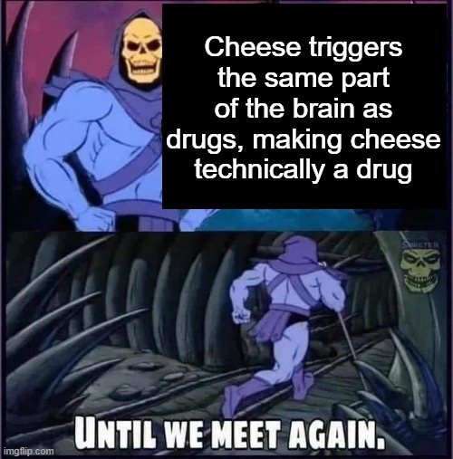 Until we meet again. | Cheese triggers the same part of the brain as drugs, making cheese technically a drug | image tagged in until we meet again | made w/ Imgflip meme maker