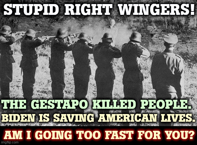 Anti vaxxers will keep COVID alive forever, if we let them. | STUPID RIGHT WINGERS! THE GESTAPO KILLED PEOPLE. BIDEN IS SAVING AMERICAN LIVES. AM I GOING TOO FAST FOR YOU? | image tagged in stupid,right wing,conservative,anti vax,covid-19,pandemic | made w/ Imgflip meme maker