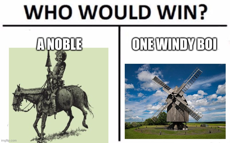 don quixote memes | A NOBLE; ONE WINDY BOI | image tagged in memes,who would win | made w/ Imgflip meme maker