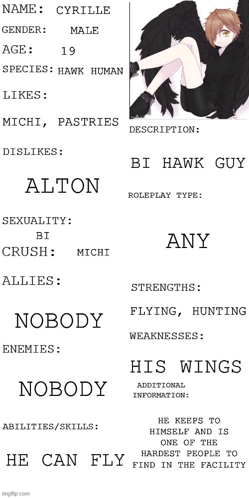 (Updated) Roleplay OC showcase | CYRILLE; MALE; 19; HAWK HUMAN; MICHI, PASTRIES; BI HAWK GUY; ALTON; ANY; BI; MICHI; FLYING, HUNTING; NOBODY; HIS WINGS; NOBODY; HE KEEPS TO HIMSELF AND IS ONE OF THE HARDEST PEOPLE TO FIND IN THE FACILITY; HE CAN FLY | image tagged in updated roleplay oc showcase | made w/ Imgflip meme maker