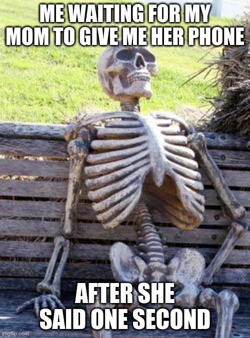 nostalgia has never been more realistic | ME WAITING FOR MY MOM TO GIVE ME HER PHONE; AFTER SHE SAID ONE SECOND | image tagged in memes,waiting skeleton | made w/ Imgflip meme maker