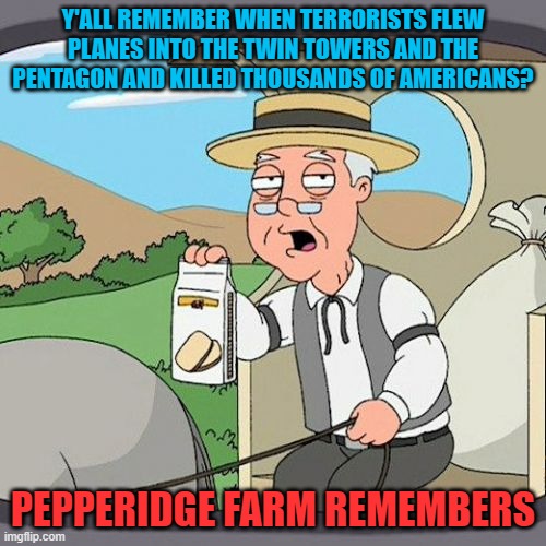 Never Forget! | Y'ALL REMEMBER WHEN TERRORISTS FLEW PLANES INTO THE TWIN TOWERS AND THE PENTAGON AND KILLED THOUSANDS OF AMERICANS? PEPPERIDGE FARM REMEMBERS | image tagged in memes,pepperidge farm remembers | made w/ Imgflip meme maker