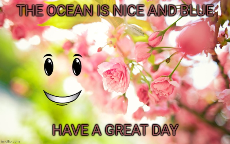 Have a great day tomoro is sunday | THE OCEAN IS NICE AND BLUE; HAVE A GREAT DAY | image tagged in pretty pink flowers | made w/ Imgflip meme maker