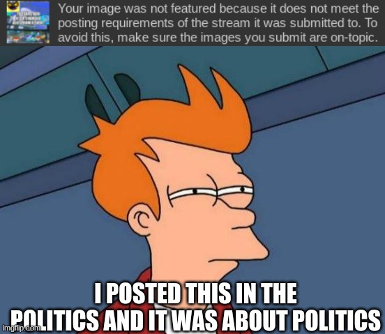 Can you guys explain why? | I POSTED THIS IN THE POLITICS AND IT WAS ABOUT POLITICS | image tagged in memes,futurama fry | made w/ Imgflip meme maker